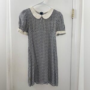 Vintage Navy and White Peter Pan Collar Dress with Small Flower Detail